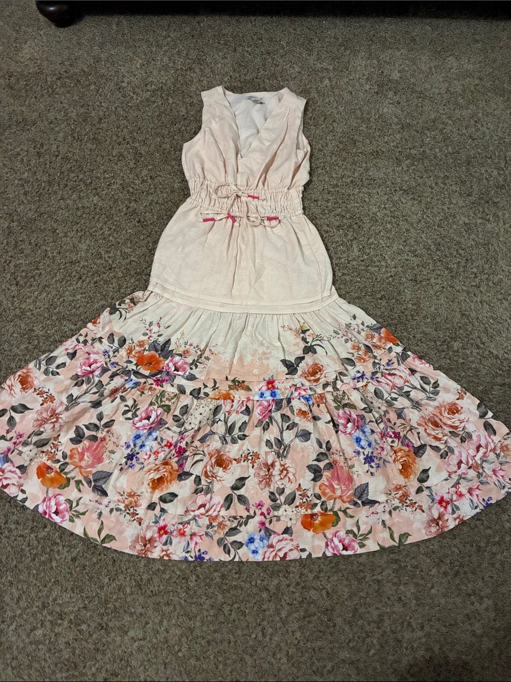 Rachel Zoe Cream Maxi Dress with Multicolor Floral Skirt Linen-Rayon Blend